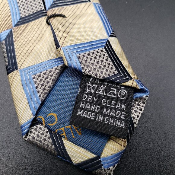 Alexander Julian Colours Geometric Polyester Tie Blue Tan Check Pattern 58"x4" - Picture 7 of 7